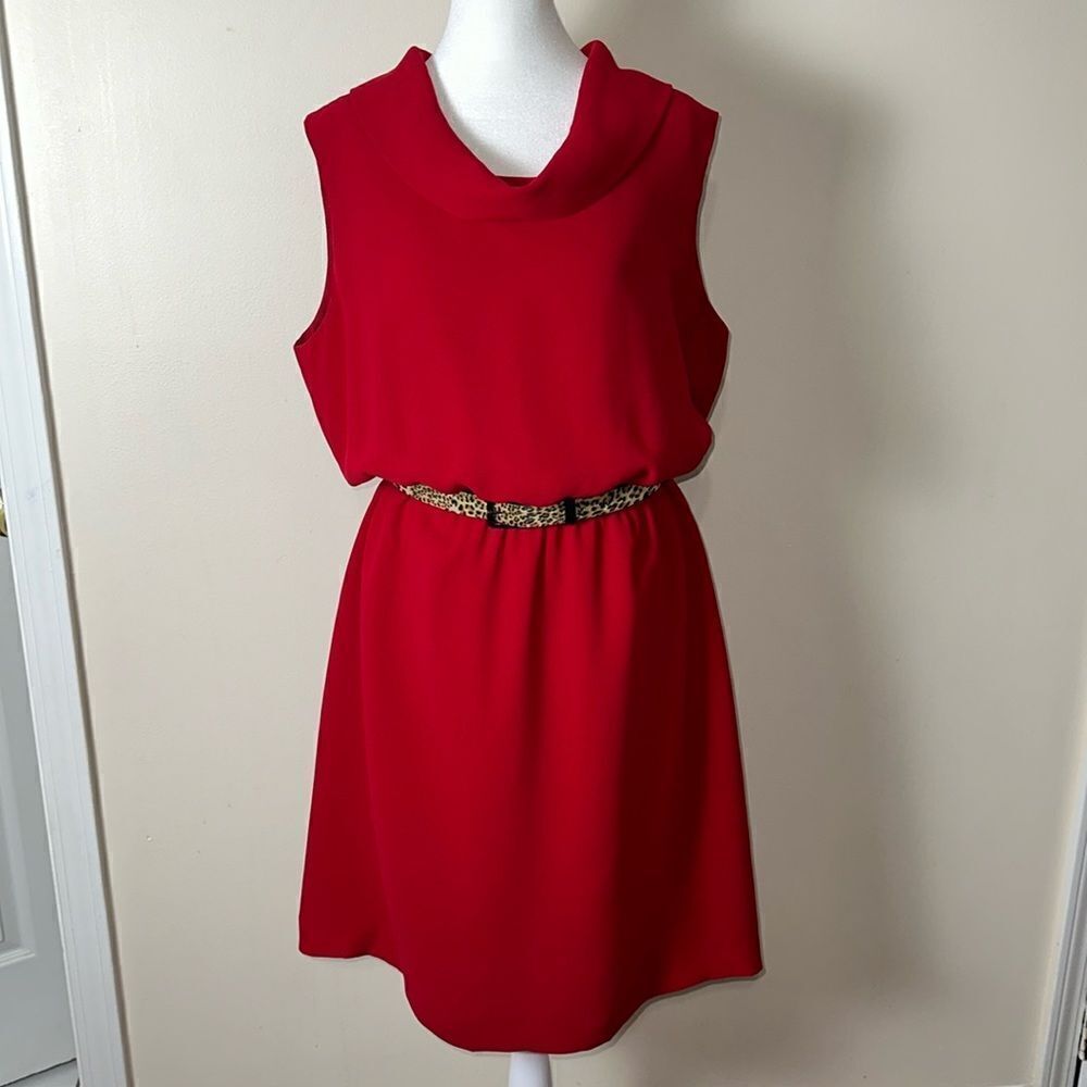 Tahari AL 14W Cowl Neck Sleeveless Back Zip Dress w/ Leopard Animal Print Belt